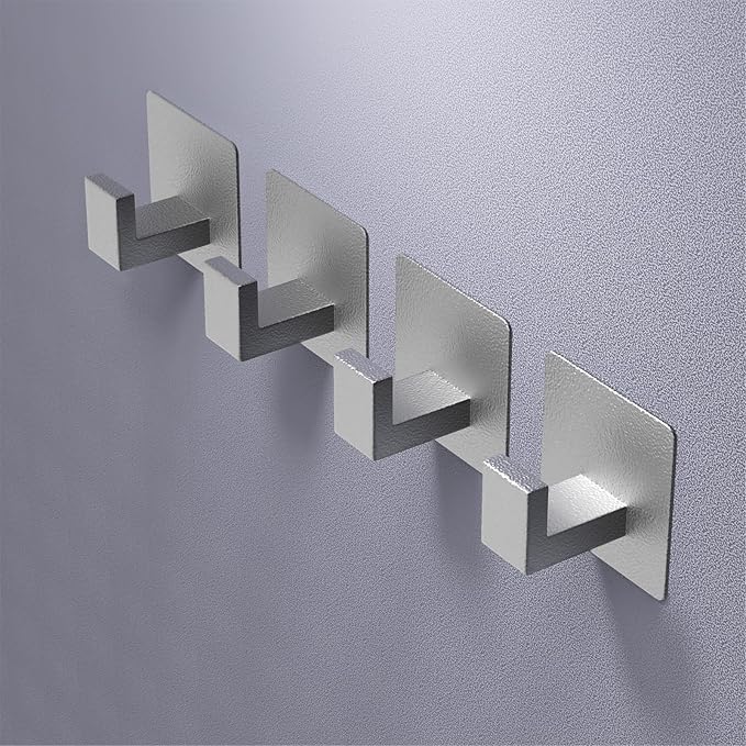 VAEHOLD Adhesive Towel Hooks, Heavy Duty Wall Hooks Aluminum Black Hooks for Hanging Coat, Hat, Towel, Robe, Clothes, Shower Hook for Door, Office, Kitchen, Bathroom - 2 Pack (Silver)