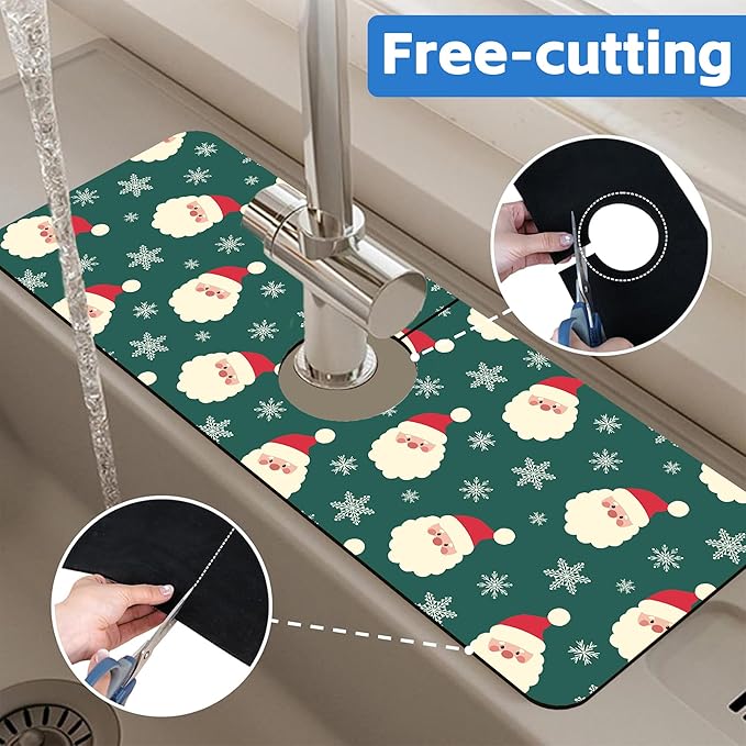 Christmas Kitchen Sink Splash Guard Mat Santa Claus and Snowflakes Sink Splash Guard Faucet Mat Draining Mat Fast Drying Sink Protectors for Kitchen and Bathroom 5.5"×15"
