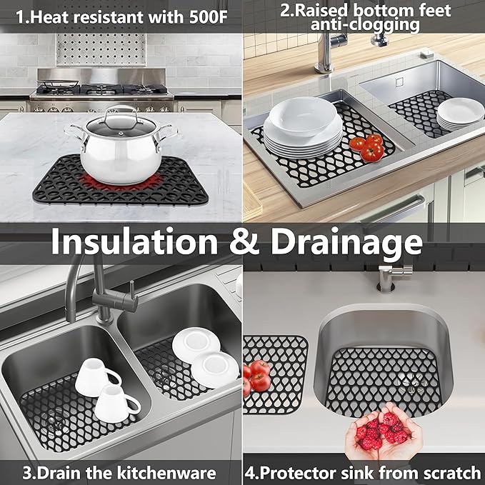 Sink Protectors for Kitchen Sink,2 PCS Silicone Kitchen Mat 13.58"x11.6",Non-Slip Bottom Guard Compatible with Farmhouse/Stainless Steel/Porcelain(Black)