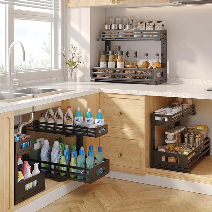 2-Pack 19"Deep Under Sink Organizer And Storage, 2-Tier L-Shaped Pull Out Cabinet Organizer with Upgraded Slide Rails, Height Adjustable Drawers for Kitchen&Bathroom, Extra-Large Storage Shelves–Black