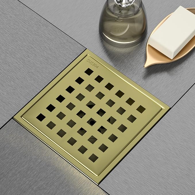 4 Inch Square Shower Drain, Shower Floor Drain with with Removable Square Hole Cover, 304 Stainless Steel Bathroom Drains with Flange (Brushed Bronze)