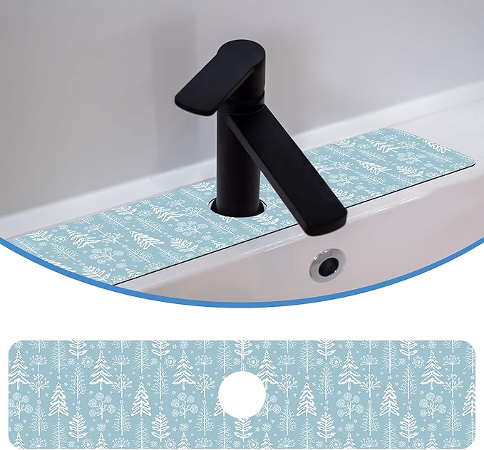 Winter Fir Tree Faucet Mat for Kitchen Sink Fir Trees Bushes Snow, Soft Diatom Mud Material, Strong Water Absorption, Non-slip, Easy to Clean for Bathroom, Kitchen 23.5"X5.5"