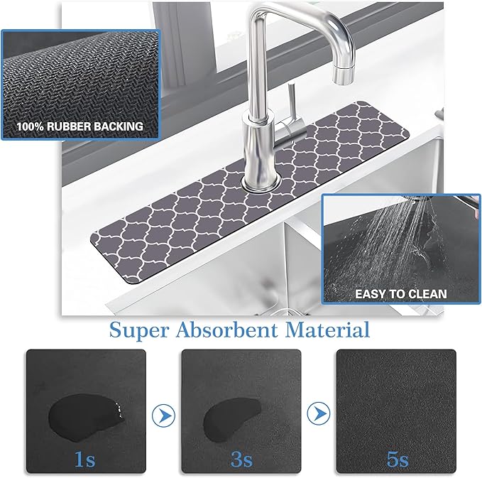 Faucet Mat for Kitchen Sink Stylish Grey Moroccan Art, Soft Diatom Mud Material, Strong Water Absorption, Non-slip, Easy to Clean for Bathroom, Kitchen 23.5"X5.5"