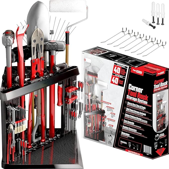 PeerBasics Corner Tool Rack, Garage Storage Organization, Up to 40 Tools like Shovels Brooms Rakes Mops Hammers Pruners, Organize Garden Yard Plus Pegboard, Wall Mounting, Peg Hooks Hardware