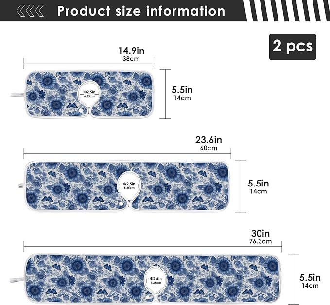 2 PCS Kitchen Sink Splash Guard 23.6 Inch Faucet Mat for Kitchen Sink Bathroom Sink Faucet Absorbing Drip Drain Mat Pad Microfiber Soft Washable Vintage Beige and Blue Sunflowers Butterflies