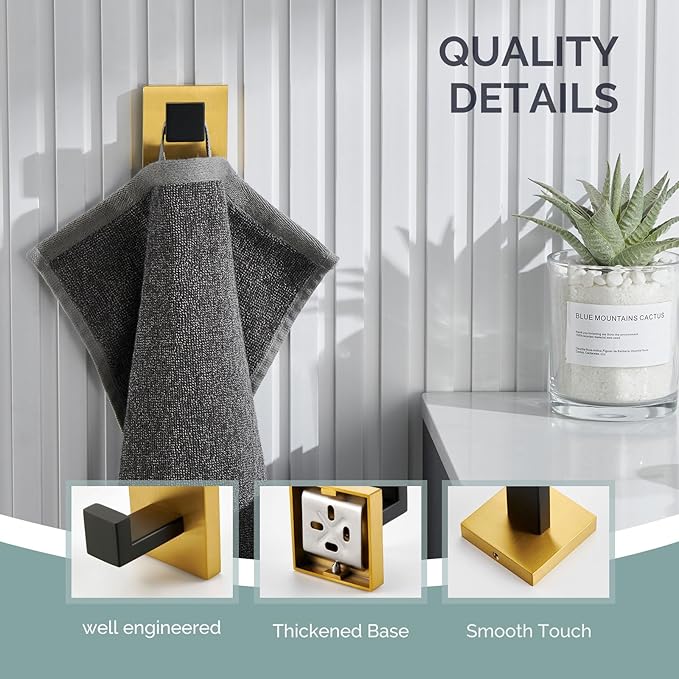 Angle Simple Towel Hook Black & Gold, 304 Stainless Steel Square Robe Bathroom Hook for Wall