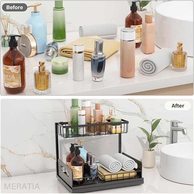 2 Pack Under Sink Organizer, 2 Tier Pull Out Cabinet Organizer,Slide out Metal Cabinet Organizers Multi-Purpose Drawer Shelf for Kitchen Bathroom Pantry Cabinet Closet Organization Rack,Black