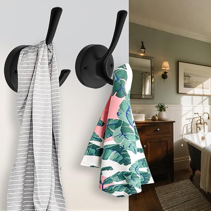 Black Towel Hooks for Wall, 5 Pack Coat Robe Hook Heavy Duty Metal Double Bath Hook Wall Mounted, Hat Hooks for Cubicle Bathroom Kitchen Closet Garage
