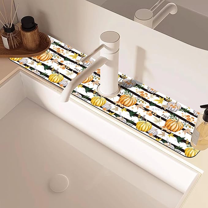 Thanksgiving Sink Faucet Absorbing Mat Autumn Pumpkin Floral Absorbent Fast Drying Mat Faucet Draining Mat Sink Splash Guard Behind Faucet Drip Catcher for Kitchen Bathroom 5.5"×24"