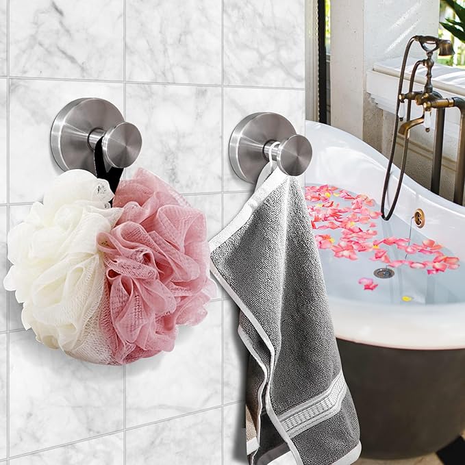 2 Pack Suction Cup Hooks for Shower, Suction Cup Towel Hooks for Bathrooms, Adhesive Wall Hook, SUS304 Waterproof Stainless Steel Hooks for Bathroom, Bedroom, Kitchen, Hotel and Office