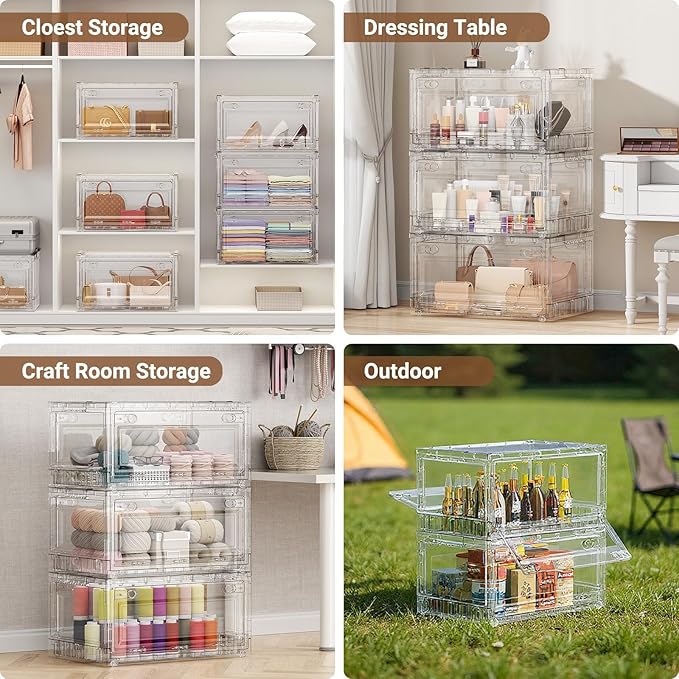 BROVIEW 320Qt Stackable Storage Bins with Lids Wheels, XL Clear Plastic Drawers Foldable Closet Organizers and Storage Cabinet Display Box Shelves with Front & Back Doors, for Home Office Garage,4Pack