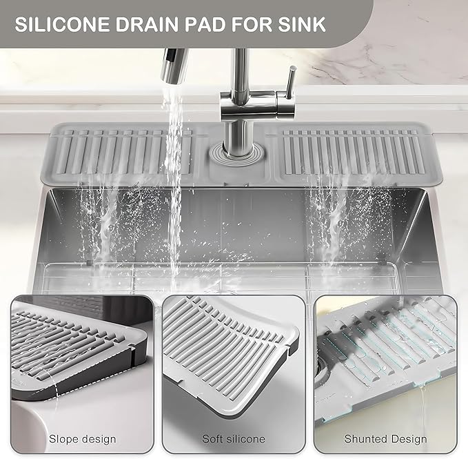 Faucet Mat for Kitchen Sink - 2024 Premium Upgrade: Enhanced Silicone Splash Guard with Rapid Drying & Dish Soap Sponge Holder, Perfect for Stone Sinks in Kitchen & Bathroom (Gray, 1 PCS)