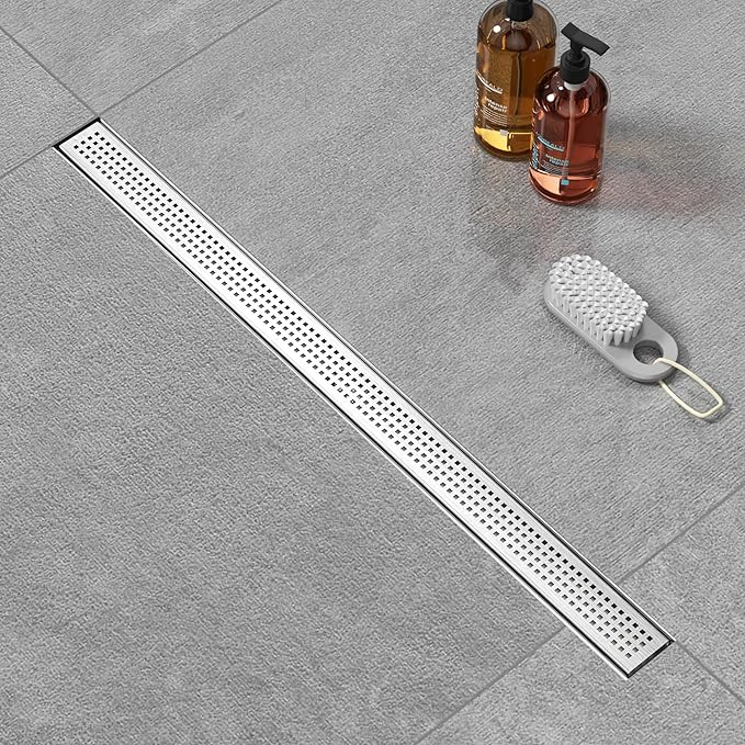 36 inch Linear Shower Drain with Square Hole Pattern Grate Cover, Brushed 304 Stainless Steel Bonding Flange Linear Drain, Low Profile Linear Shower Drain with Hair Strainer