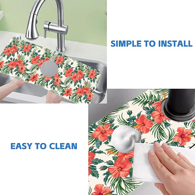 Tropical Leaves and Red Floral Kitchen Sink Splash Guard Mat Absorbent Fast Drying Mat Faucet Draining Mat Sink Splash Guard Behind Faucet Drip Catcher for Kitchen Bathroom 5.5"×15"