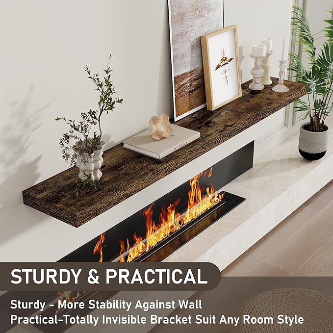 Fun Memories 72 Inch Floating Shelves for Wall 8 Inch Deep Rustic Brown Shelves Set of 2, Wall Mounted Rustic Wood Long Floating Shelf, Large Display & Storage Shelf with Invisible Brackets