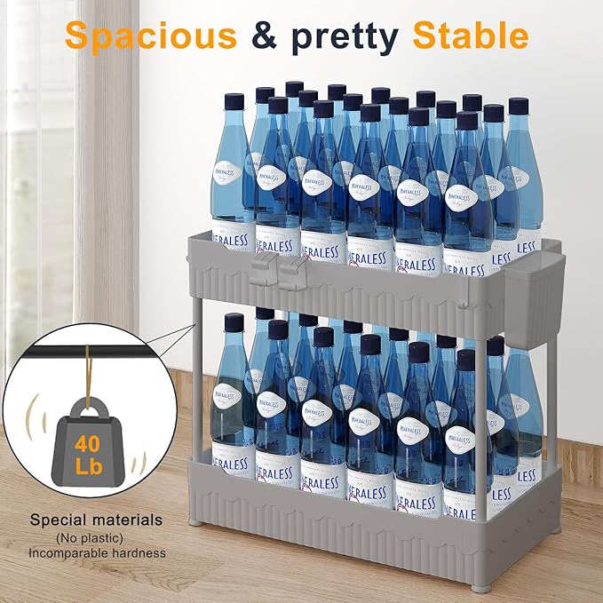 2 Pack Under Sink Organizer, Under Bathroom Cabinet Organizer with Hooks Hanging Cup, Multi-Purpose Storage Shelf for Kitchen Bathroom (Gray, XL)
