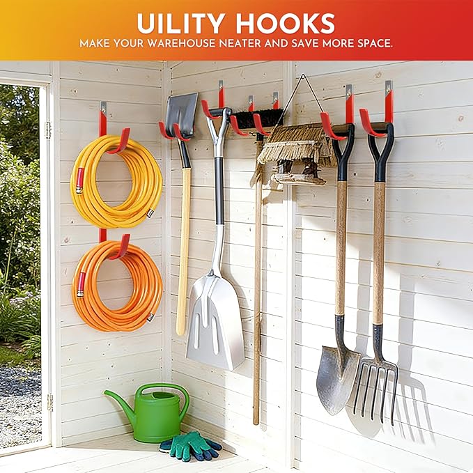 Garage Wall Hooks for Hanging Heavy Duty, 4 Pack Garage Organizer Storage Hooks Wall Mount for Garden Hoses, Brooms, Ladders, Garage Storage