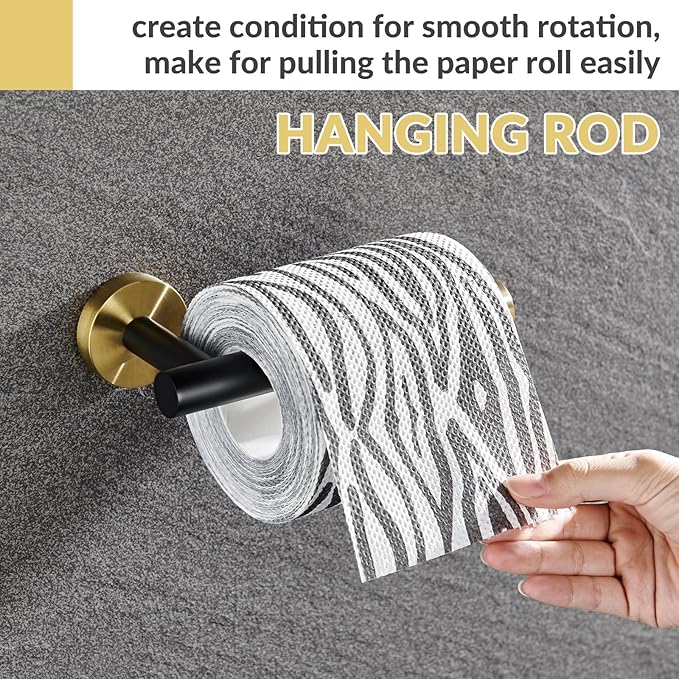 Toilet Paper Holder, APLusee Stainless Steel Half Open Round Tissue Roll Hanger, Bathroom Kitchen Wall Storage (Black & Gold)