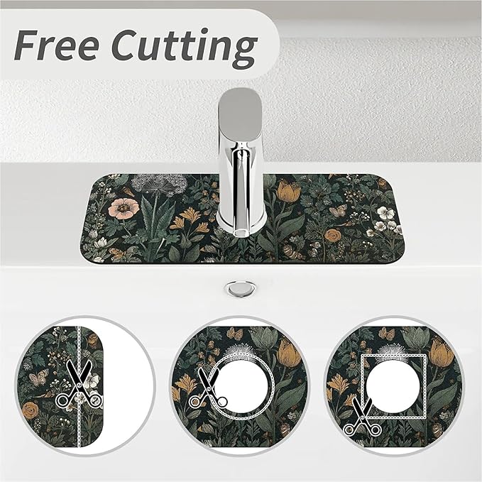 Kitchen Sink Splash Guard，Dark-green black flowers Faucet Mat Sink Gadgets-Super Absorbent Fast Drying Mat Drip Catcher for Kitchen, Bathroom,Sink Mat, Dish Drying Mat, Bathroom(15" X 5.5" )