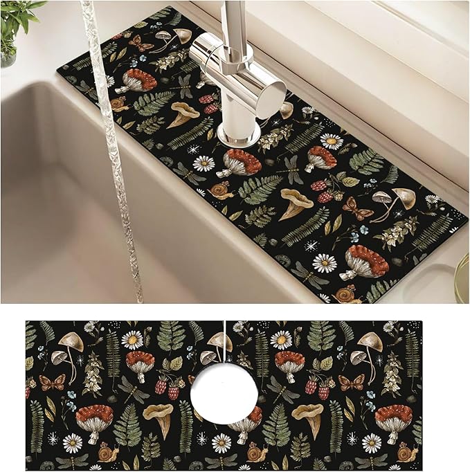 Absorbent Splash Guard Mat for Kitchen Sink, 15×5.5 Inch Cute Fast Drying Drip Catcher Behind Faucet Mat, Non-Slip, Washable Sink Mat Gadgets for Bathroom, Kitchen, Bar Vantage Mushrooms