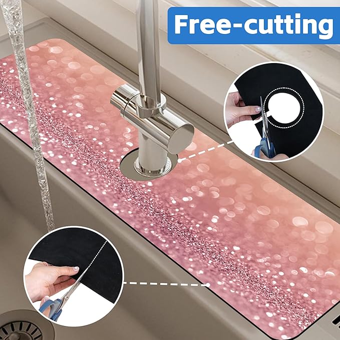 Abstract Pink Glitter Diamond Sink Faucet Absorbing Mat Sink Splash Guard Faucet Mat Draining Mat Fast Drying Sink Protectors for Kitchen and Bathroom 5.5"×24"