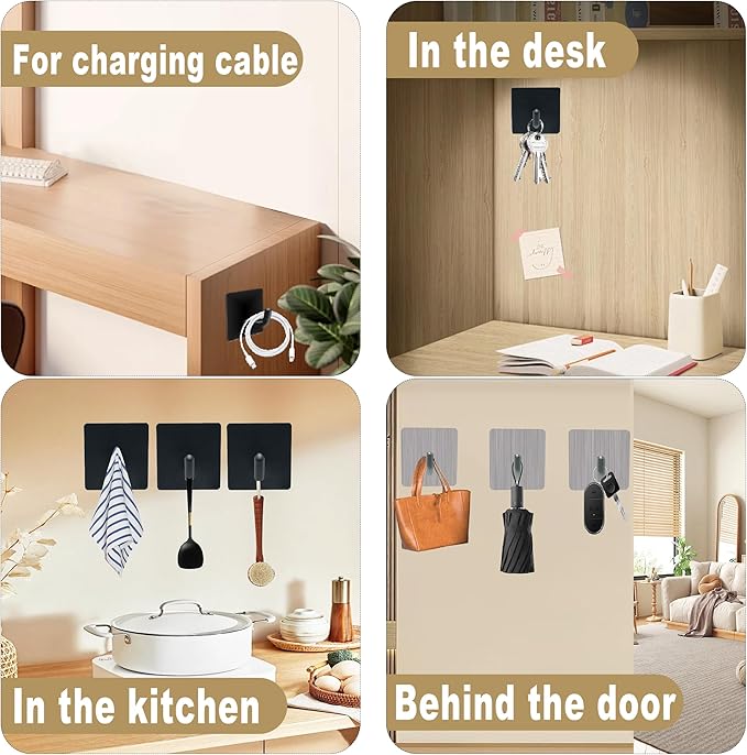 Self-Adhesive Coat Hooks, Stainless Steel Heavy Duty Wall Hooks, Towel Hooks for Hanging Robes, Shower, Coats and Hats in Bathrooms,Kitchens and Hotels(4 Pack, Silver)