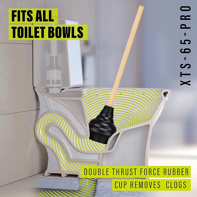 SteadMax XTS-65-PRO Heavy Duty Toilet Plunger, Commercial Grade, Powerful Double Thrust Force Rubber Cup with Wood Handle, for Clogged Bathroom, Shower, and Kitchen, 3 Pack (22" x 5.75")
