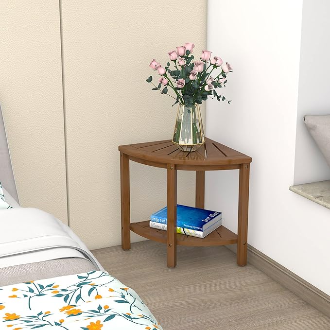 Zhuoyue Bamboo Corner Shower Stool Bench Waterproof with Storage Shelf, for Shaving Legs or Seat in Bathroom & Inside Shower