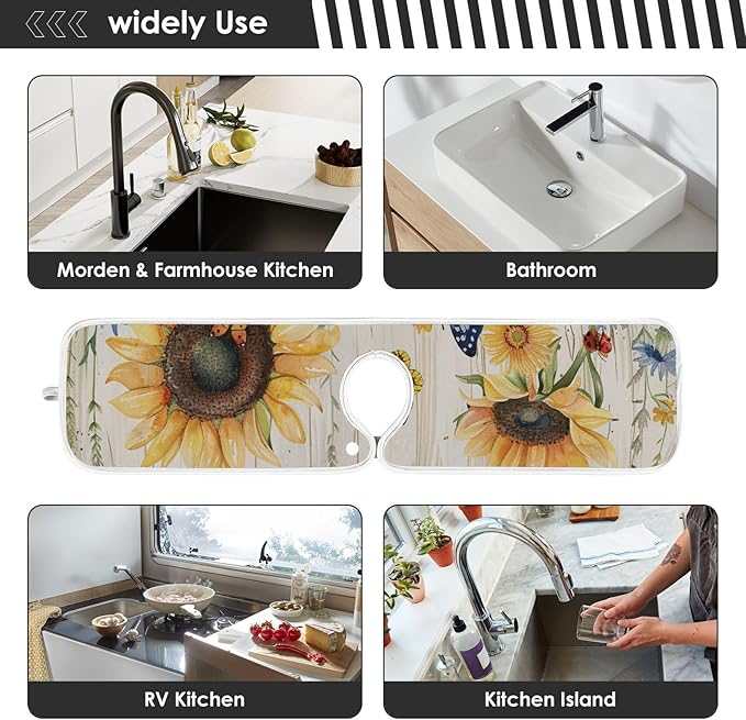 Sink Faucet Absorbing Mat Kitchen Sink Splash Guard Splash Faucet Drip Catcher for Bar RV Bathroom 2PCS 14.9x5.5in Watercolor Cornflower Sunflower