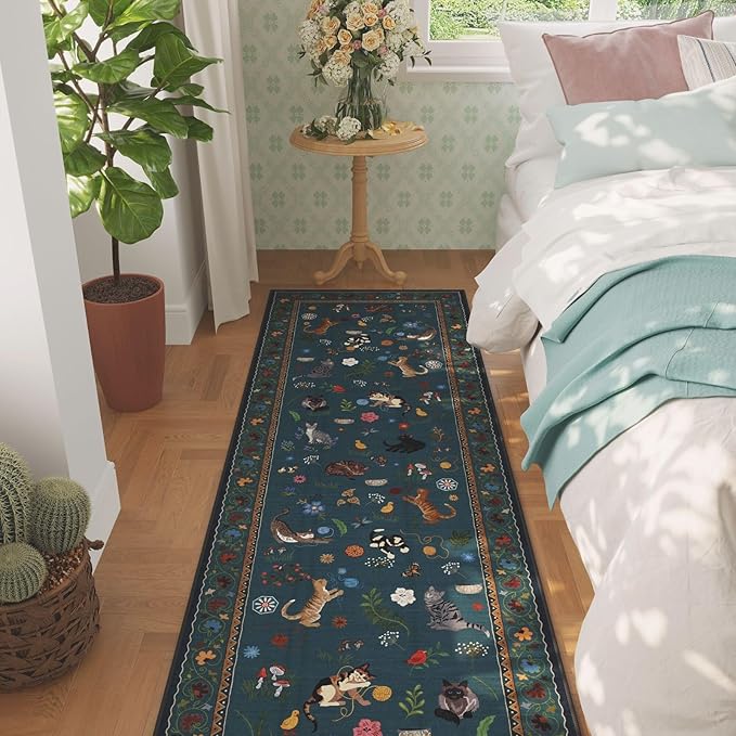 Rugcomf Runners for Kitchen Runner Rug Non Slip 2'x10' Long Washable Rugs with Rubber Backing Soft Floral Animal Cat Carpet Runner for Kitchen Laundry Bedroom Bathroom, Pearl Gentian Blue