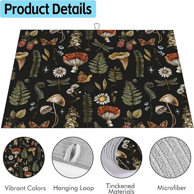 Large Dish Drying Mat for Kitchen Counter,18"X24" Amanita Mushroom and Forest Plants Absorbent Reversible Microfiber Dish Drying Mat Dish Drainer Mat Drying Pad for Kitchen Countertop Coffee Bar