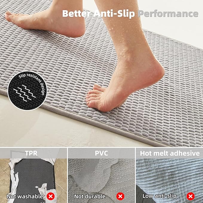 Bathroom Runner Rug, Long Bath Mat Washable Thin Quick Dry Low Pile Bathroom Runner Rugs 24 x 60 Non Slip, Light Grey 24"x60"