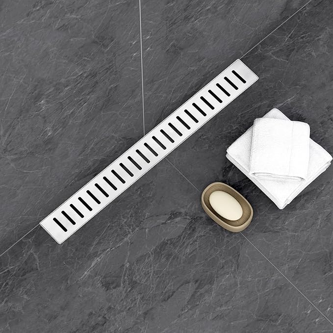 Linear Shower Drain 24 inch, Floor Drain with Removable Pattern Grate, 304 Stainless Steel Rectangular Linear Drain with Hair Strainer, CUPC Certified, Brushed Nickel, SD-104