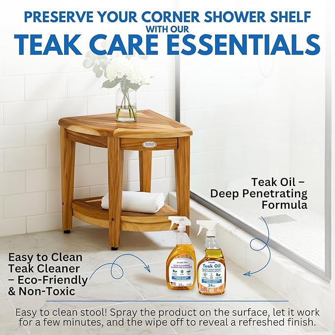 EcoDecors Fully Assembled SnazzyCorner® 18" Teak Shower Bench, Corner Shower Stool, w Shelf in Earthy Teak Finish, Compact Fit for Small Bathrooms & Walk-in Showers – Slip-Resistant Feet
