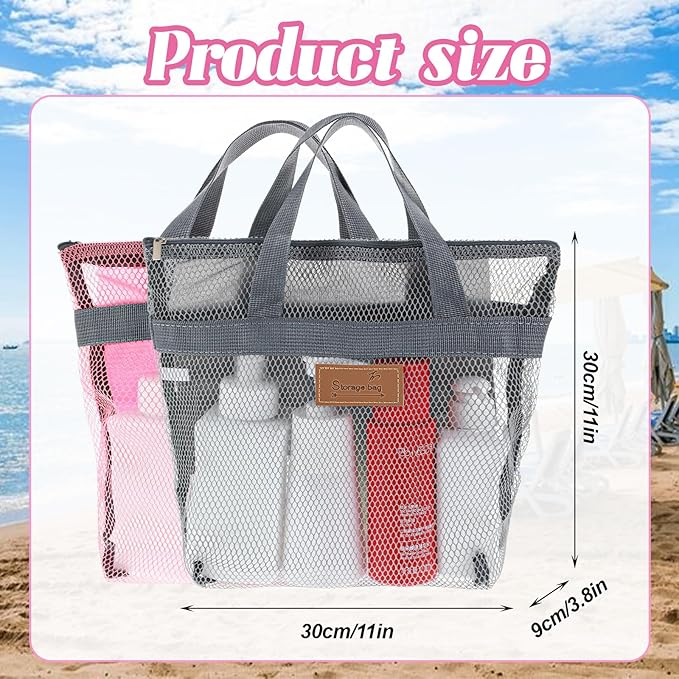 2pcs Gym Shower Caddy,Shower Caddy Mesh Bag,11.8 x 11.8 In,Quick Dry Portable Hanging Toiletry and Bath Organizer with Zipper for Travel,Gym,Swimming,Camping,College Dorms,Beach(Grey/Pink)