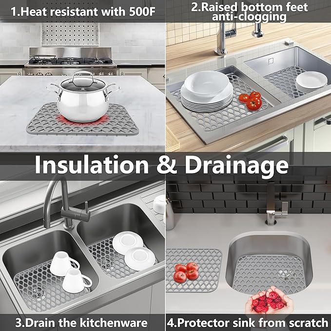 Sink Protectors for Kitchen Sink,2 PCS Silicone Kitchen Mat 13.58"x11.6",Non-Slip Bottom Guard Compatible with Farmhouse/Stainless Steel/Porcelain(Grey)
