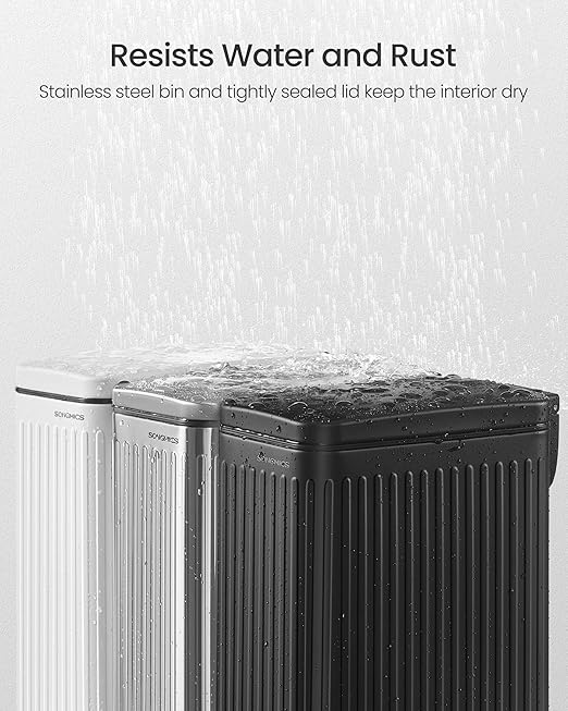 SONGMICS Bathroom Trash Can, 1.6-Gallon (6 L) Trash Bin with Lid, Slim for Small Spaces, Stainless Steel Garbage Can, Soft Close, Silver ULTB563E01