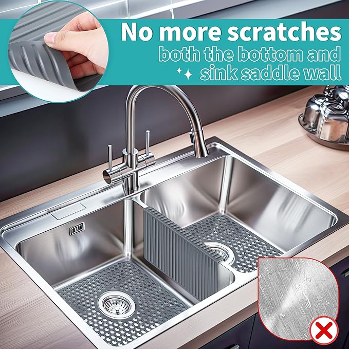 3 Pack Sink Mat and Sink Saddle Set, Sink Protectors for Kitchen Sink, Silicone Sink Saddle Mat Dishwasher Safe, Non Slip Folding Sink Grid to Protect Sink from Stains, Damage, Scratches