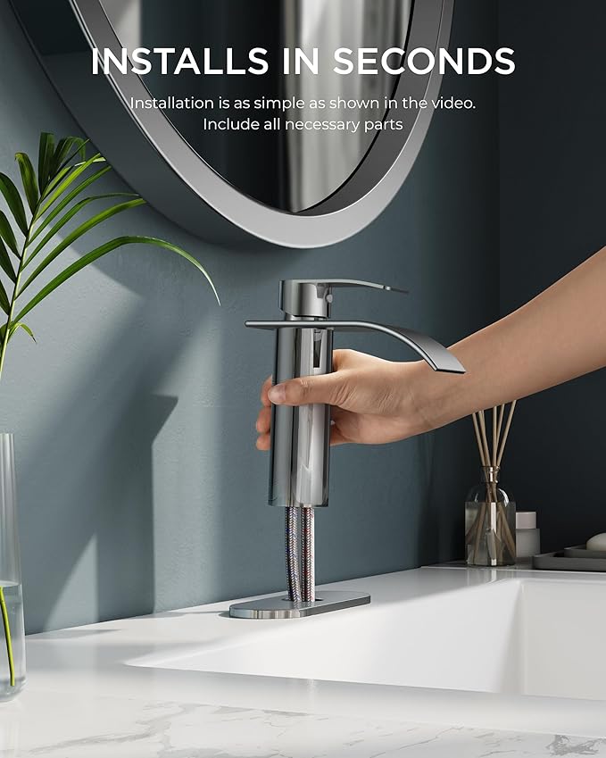 FORIOUS Waterfall Bathroom Faucet One Hole, Chrome Single Handle Bathroom Faucet for 1 or 3 Hole Sink with Metal Pop up Drain, Deck Plate, cUPC Hoses for Vanity, Rv Sink