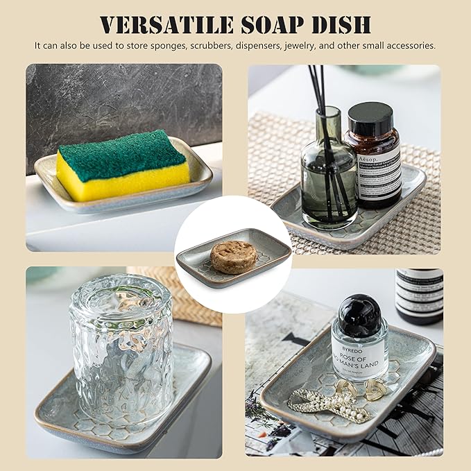 Gomakren Soap Dish for Shower, Ceramic Bar Soap Holder with Honeycomb Design - Soap Saver Tray for Bathroom Kitchen Sink, Sponge & Organizer Tray, Upscale Look, 5.5 Inch, Gray