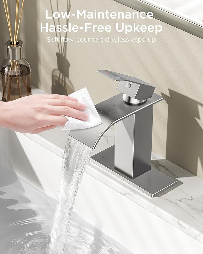 FORIOUS Brushed Nickel Waterfall Bathroom Faucets 1 or 3 Hole, Vanity Single Bathroom Sink Faucet with cUPC Supply Line and Pop Up Drain, Suitable for Basin, RV, Restroom Sink