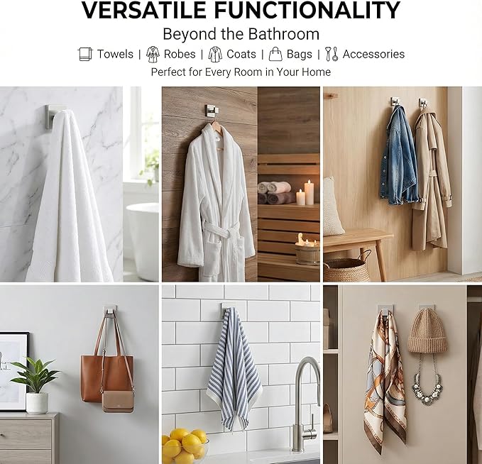 Brushed Nickel Hand Towel Hook 2-Pack, Geometric Series - Stainless Steel Towel Hooks for Bathrooms, Modern Wall Mount Bath Towel Holder with Industrial SUS304 Core