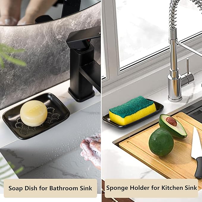 Gomakren Ceramic Soap Dish with Raised Scalloped Design, Versatile Soap Holder & Tray for Bathroom and Kitchen Sink, Prevents Soggy Soap, Rustic Modern Decor, Easy to Clean, Black (5.59" x 4.02")
