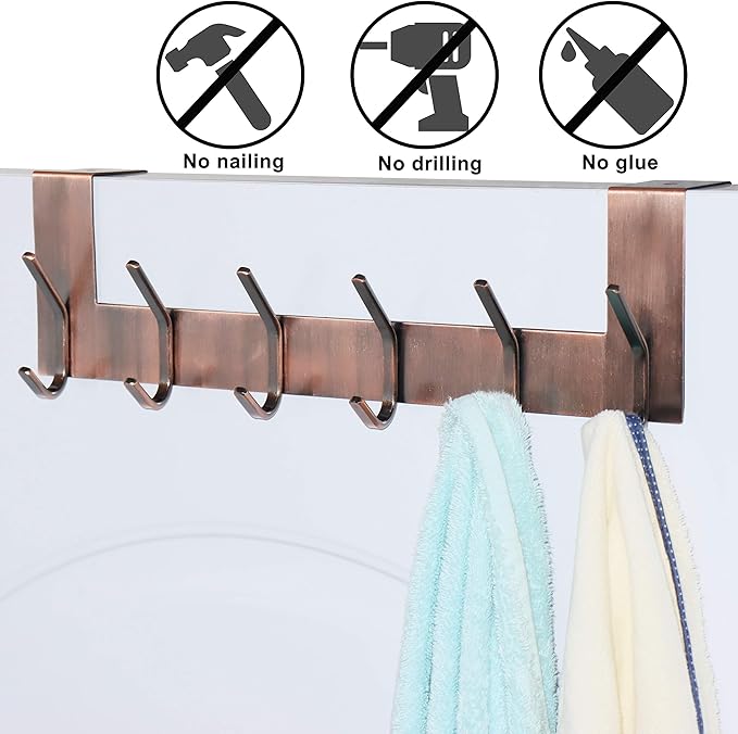 Dseap Over The Door Hook Hanger - 6 Hooks Over Door Coat Rack for Hanging Clothes Hat Towel, Antique Copper