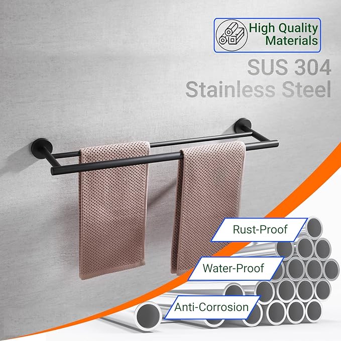 Miyili Matte Black Double Bath Towel Bar 24-Inch SUS 304 Stainless Steel Hand Towel Rack for Bathroom, A01B60B