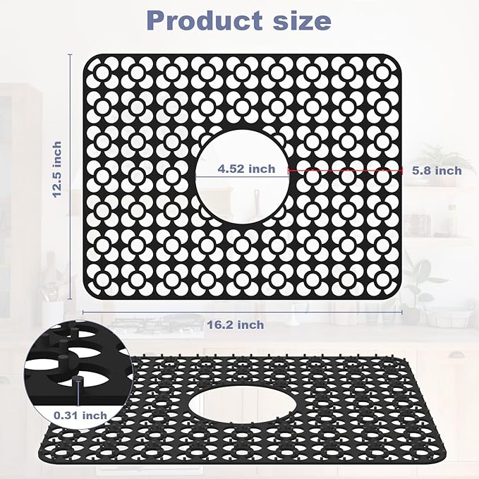 TOOVEM Silicone Sink Protectors for Kitchen, Kitchen Sink Protector Mat, 11.5 x 16.2 Inch Silicone Heat Resistant Non-Slip Sink Mats for Bottom of Kitchen Stainless Steel, Black
