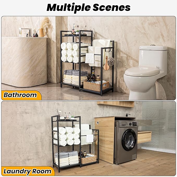Aquzee Standing Towel Racks for Bathroom, 3-Tier Hand Towel Holder Organizers, Towel Drying Rack Stand, U-Shaped Removable Dividers Towel Storage for Rolled Folded Drying Towels, Black