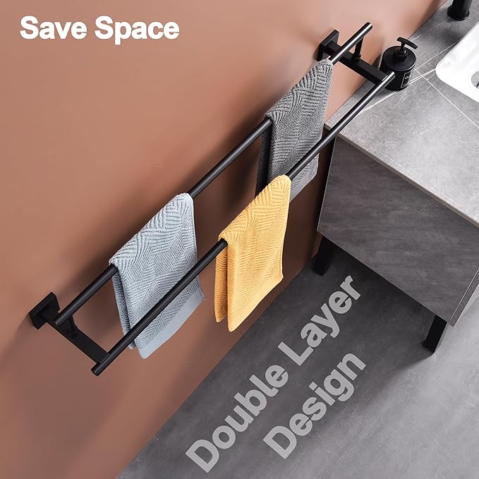 Bath Double Towel Bars, Towel Racks SUS304 Stainless Steel, Towel Holder for Bathroom Wall Mount, Towel Hanger Rail Accessories, 2-Tiers (Matte Black, 32 Inch)