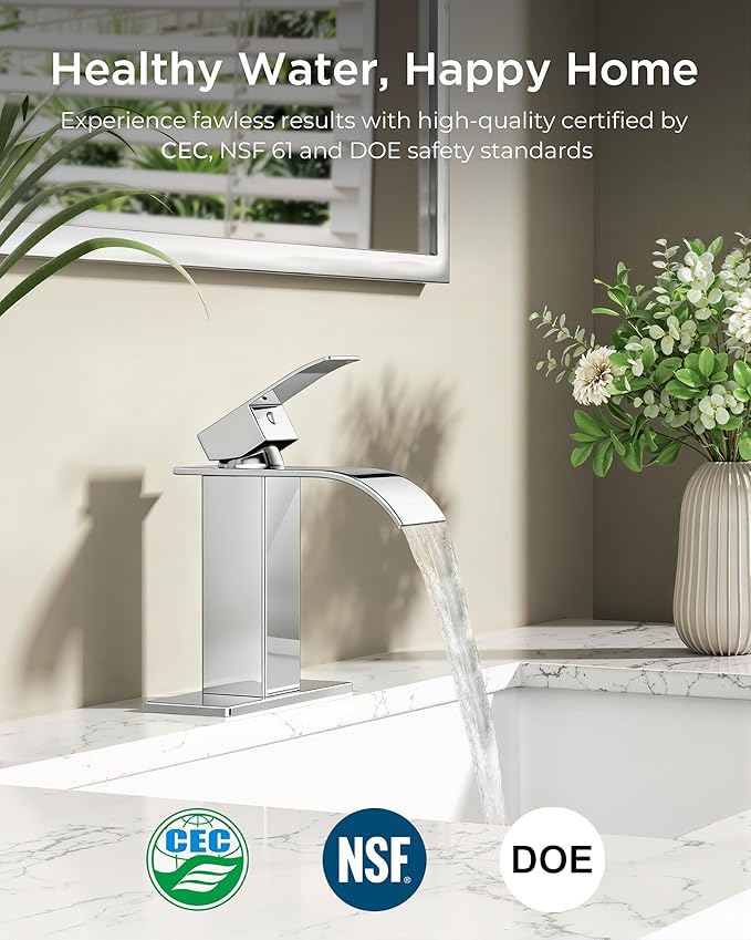FORIOUS Chrome Waterfall Bathroom Faucets 1 or 3 Hole, Vanity Single Bathroom Sink Faucet with cUPC Supply Line and Pop Up Drain, Suitable for Basin, Rv, Restroom Sink