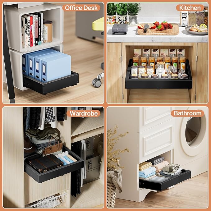 1 Pack Pull out Cabinet Organizer, Width (12"-19") Depth (17"-23"), with 3 Rails Adjustable Slide, Expandable Pullout Drawers for Cabinets, No Drill Adhesive Kitchen Drawers for Pantry Shelves